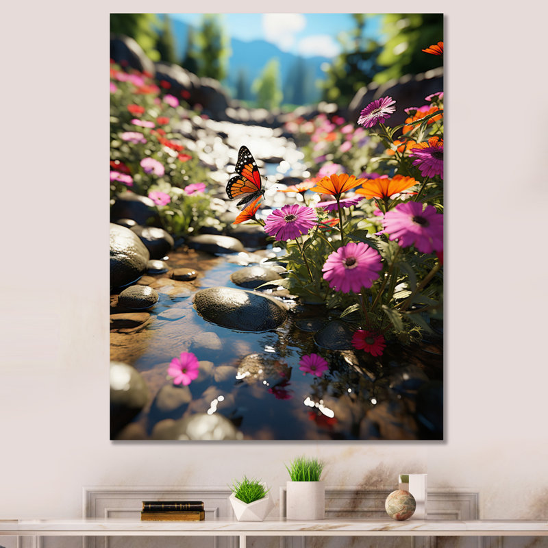 " Orange Monarch Butterfly Flowerful Stream ", Wrapped Canvas, 40" H x 30" W x 1.5" D