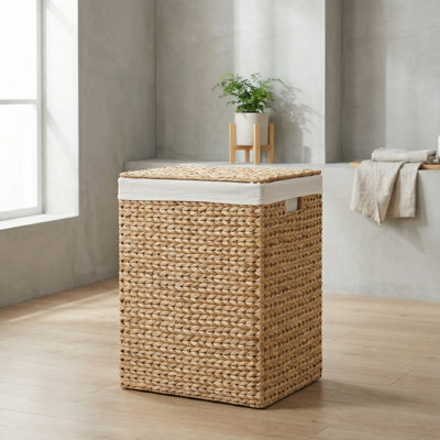 Panier à linge écologique tissé en jacinthe d'eau - Panier de rangement rectangulaire spacieux avec couvercle, brun naturel rustique