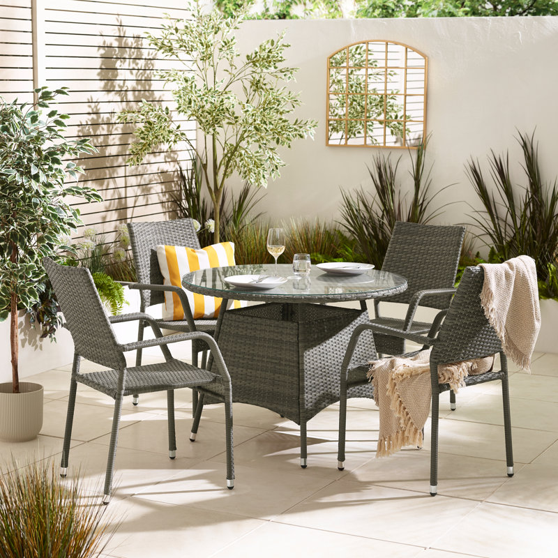 4 - Person Wicker Patio Dining Set with Round Table, Grey