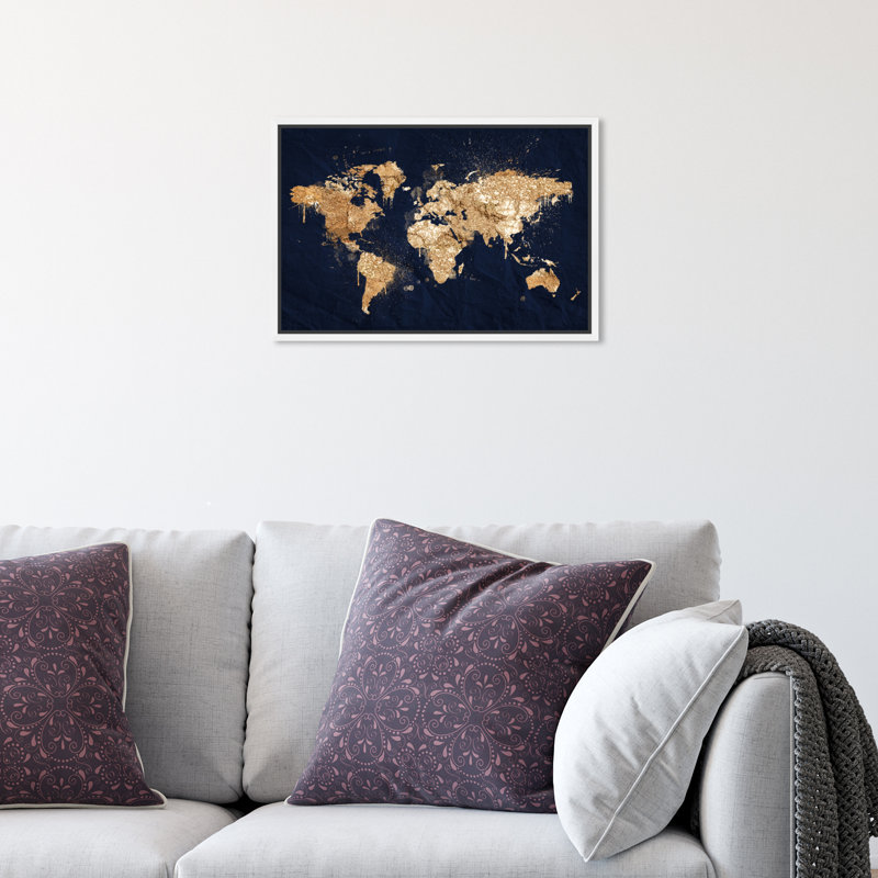 Mapamundi Metallic World Splash Modern - cadre photo, impression, H 10 po x l 15 po x P 1,75 po, Toile avec cadre blanc