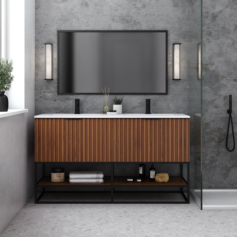 Terra 60'' W Double Vanity, Walnut, White Quartz/Single Faucet Mount, Matte Black