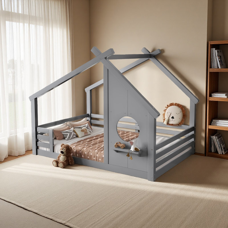 Lit de maison avec fenêtre et petite tablette, lit en bois massif avec toit en forme de maison, pas besoin de sommier, Gris