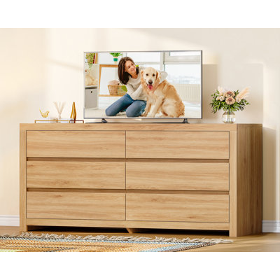 Commode 55 po avec 6 tiroirs, commodes modernes et commodes avec poignées en métal, meuble télé en bois, commodes de chambre à coucher, pour chambre à coucher, couloir, naturel