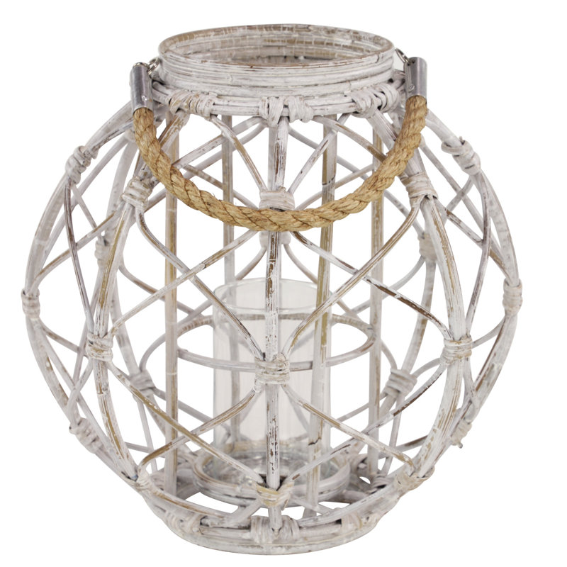 Lanterne ronde en rotin tissé rustique, H 15 po x l 15 po x P 15 po, Blanc