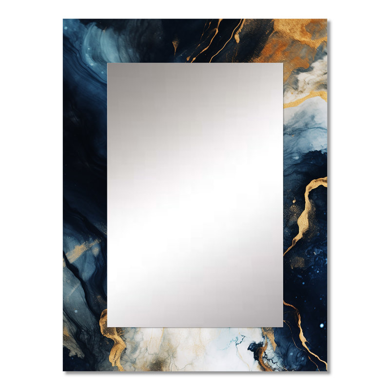 Or et bleu abstrait peinture de marbre II - miroir décoratif en marbre, miroir mural doré, impression d'art en métal
