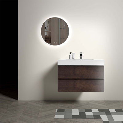Meuble-lavabo flottant 36 po en bois de rose avec lavabo, grand rangement, tiroirs silencieux, écologique, pré-assemblé