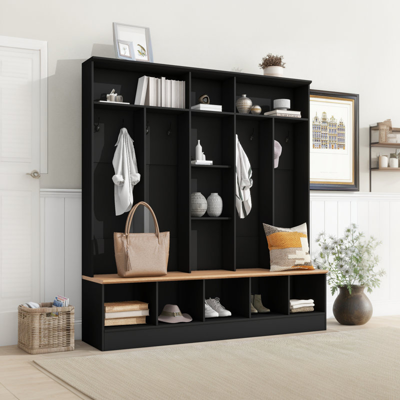 Hall Tree With Storage Bench - Minimalist Shoe Cabinet With Cubby Compartments And Shelves, Black