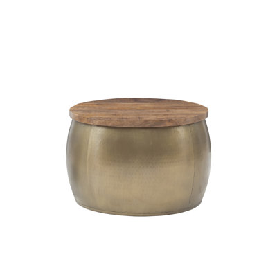 Synthia Hammered Metal Drum Coffee Table with Storage and Wooden Top