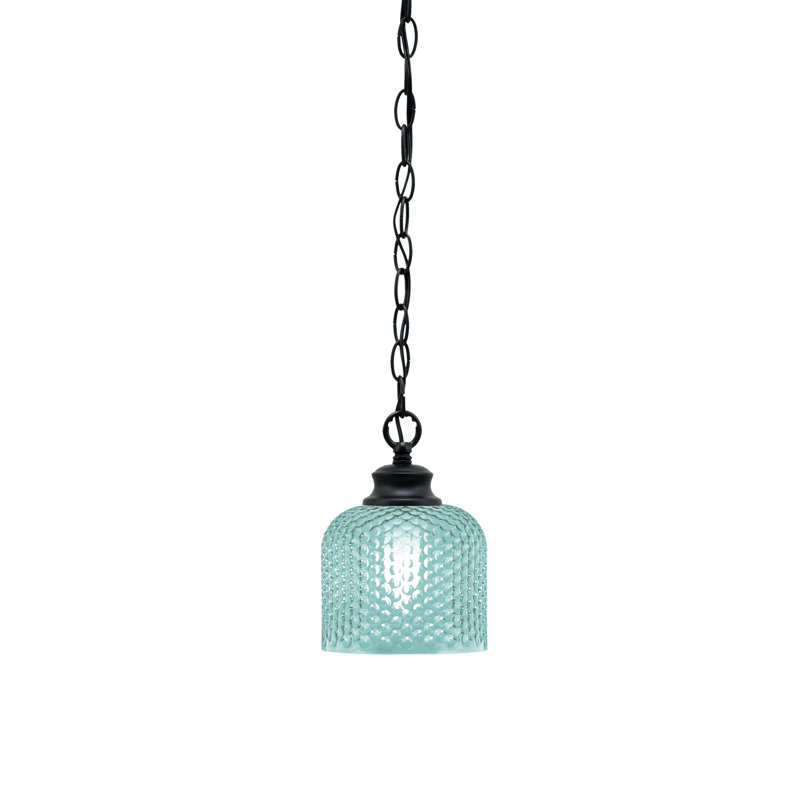 Quapaw Chain Hung Pendant Shown With 6" Textured Glass, Matte Black, Cyan