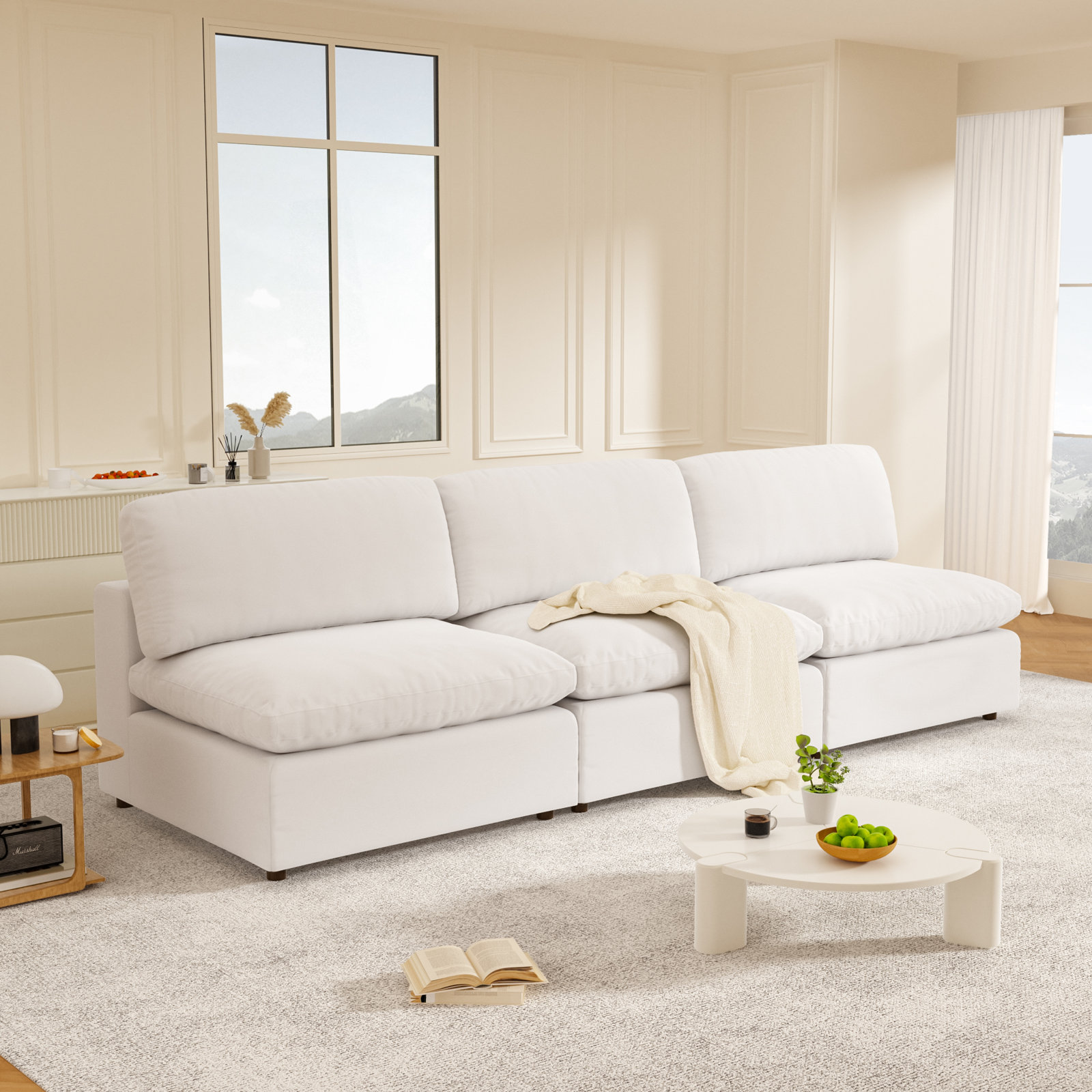 Jossa 113" Linen Modular Sofa, White