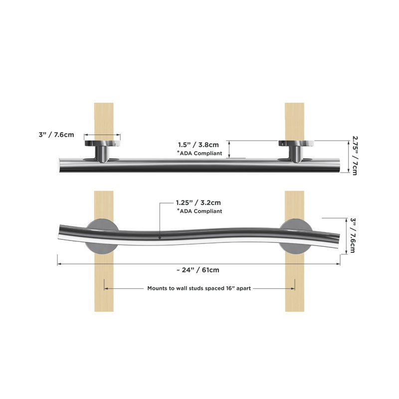 WAVE 24 in. x 1.25 in. Grab Bar, ADA Compliant for Bath and Shower Safety (500 lb. Capacity) in Polished Chrome, 24