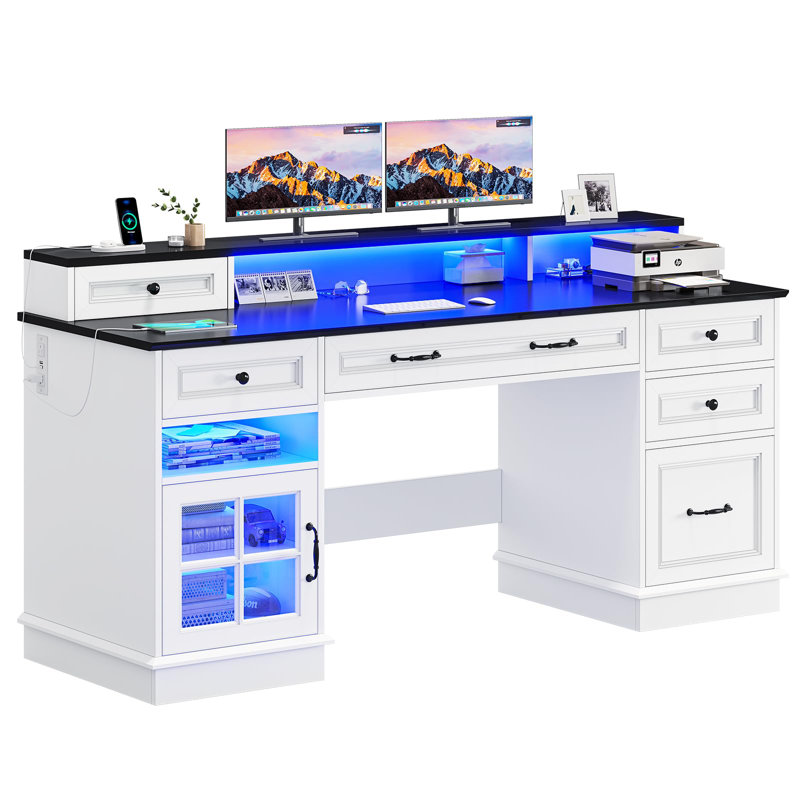 59" Computer Desk With 5 Drawers And Charging Station, Farmhouse Office Desk For Home Office, White