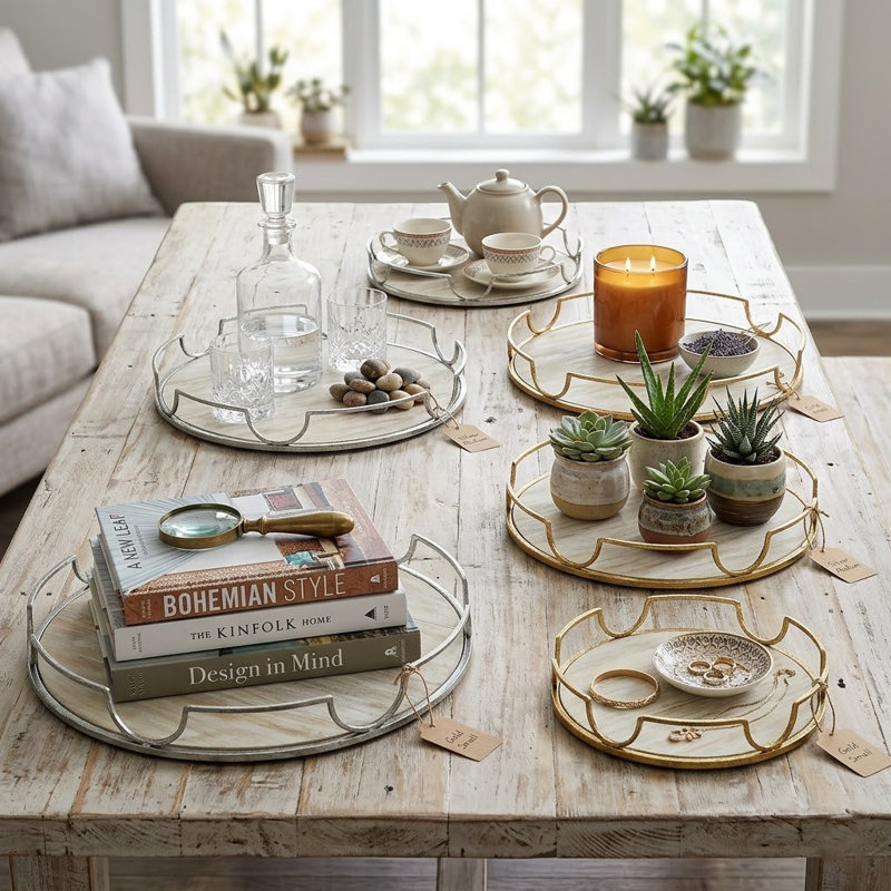 Hispaniola Tray - Set of 3, White Washed/Silver