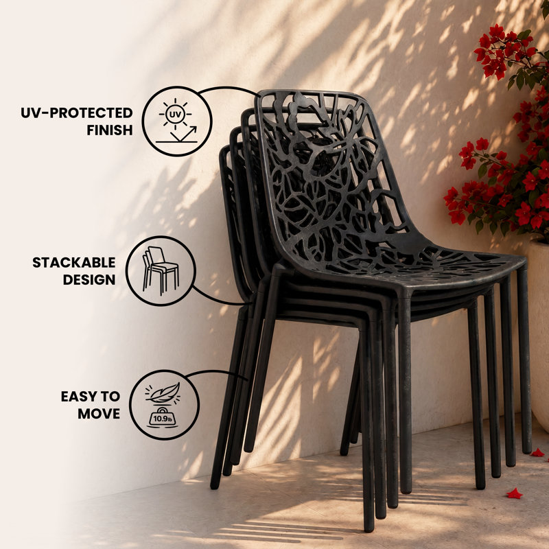 Rabia Outdoor Aluminum Dining Chairs, Modern Floral Cutout Accent Chair for Patio, Garden, and Balcony, Stackable Metal Dining Room Furniture, Rust & UV Resistant, Fully Assembled