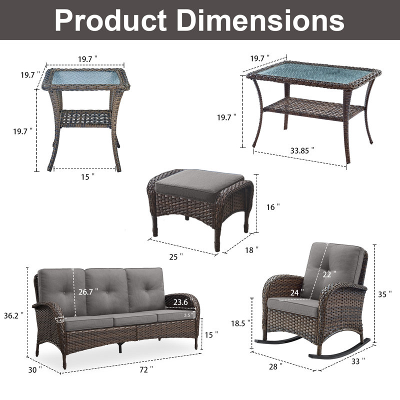 Ensemble de conversation de patio 7 pièces avec chaises berçantes et repose-pieds Gaetanino, Gris, Marron foncé