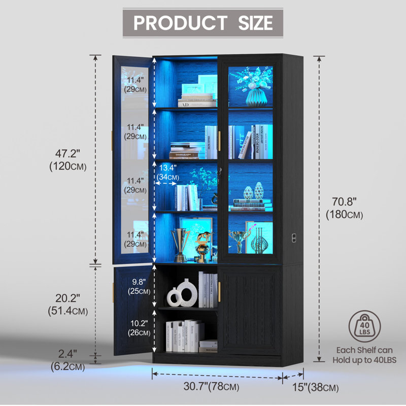 71'' H Freestanding Office Cabinet With 3-Color Light Modes And Motion Sensor, Glass Display Cabinet With Adjustable Shelves And Lock