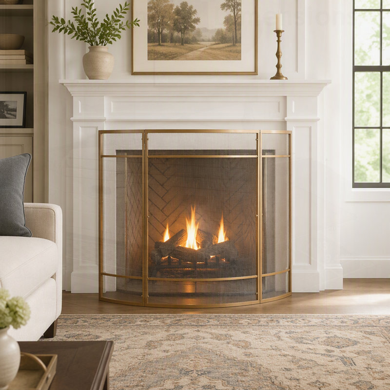 Pare-feu Regina à un panneau incurvé en fer, design élégant en arc pour intérieurs modernes et classiques, alliant sécurité et style.
