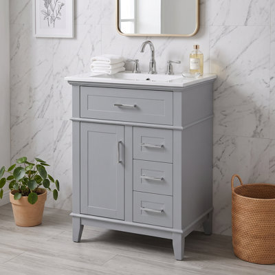 Meuble-lavabo autoportant avec lavabo en céramique, porte à fermeture en douceur, tiroir rabattable et tablette réglable