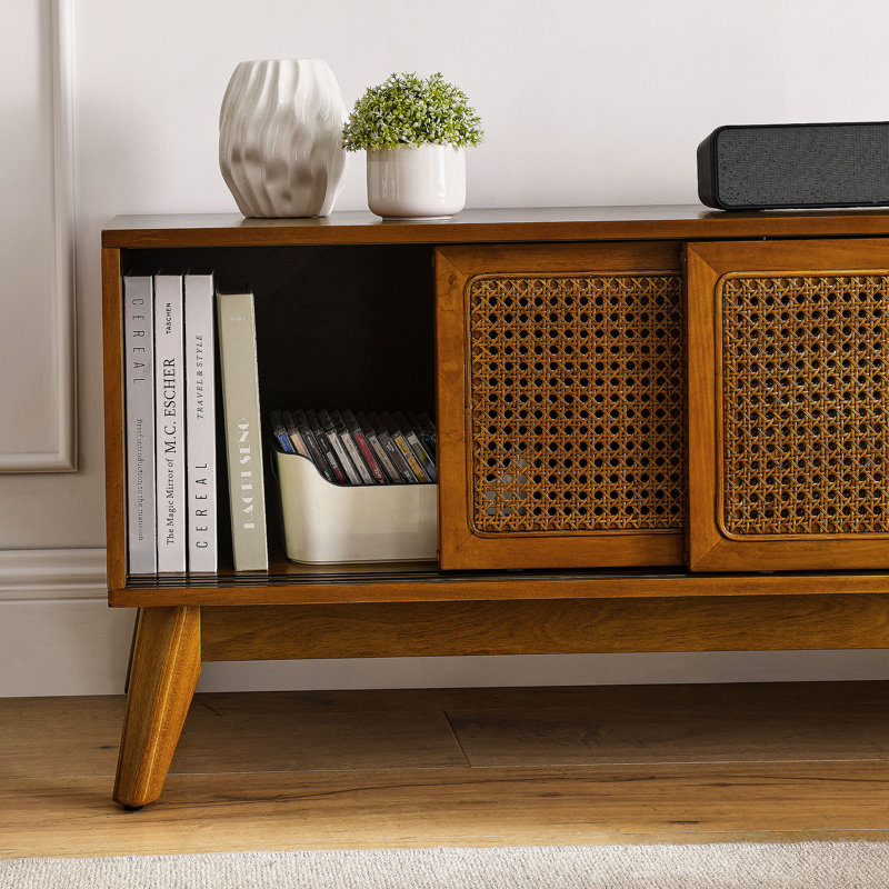 59 Inch Mid-Century Modern Rattan TV Stand, Media Console With Solid Wood Feet & Rattan Doors, Light Wood, Fits 65 Inch TV For Living Room