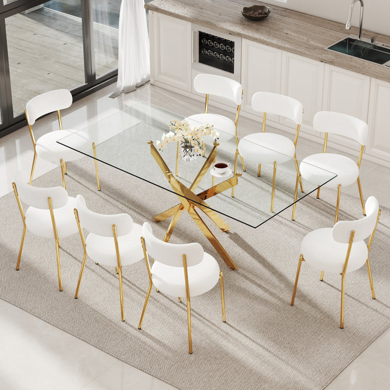 Ensemble de salle à manger rectangulaire à piédestal en verre, Blanc, 7 pièces : table, 6 chaises
