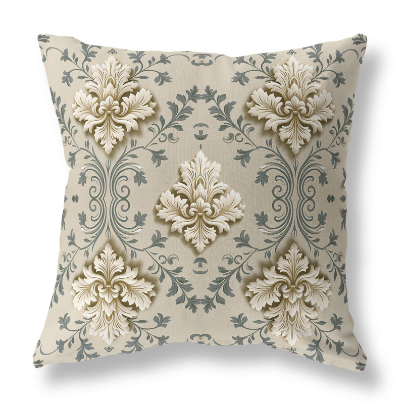 Coussin décoratif intérieur / extérieur Art Deco Elegance, Beige / floral gris / cachemire, H 16 po x l 16 po