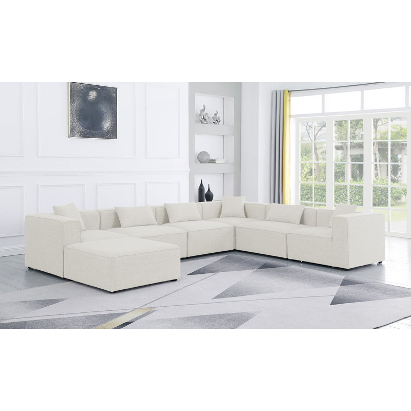 Cube Upholstered U-Shaped Sectional Reversible, Cream Linen Textured Fabric