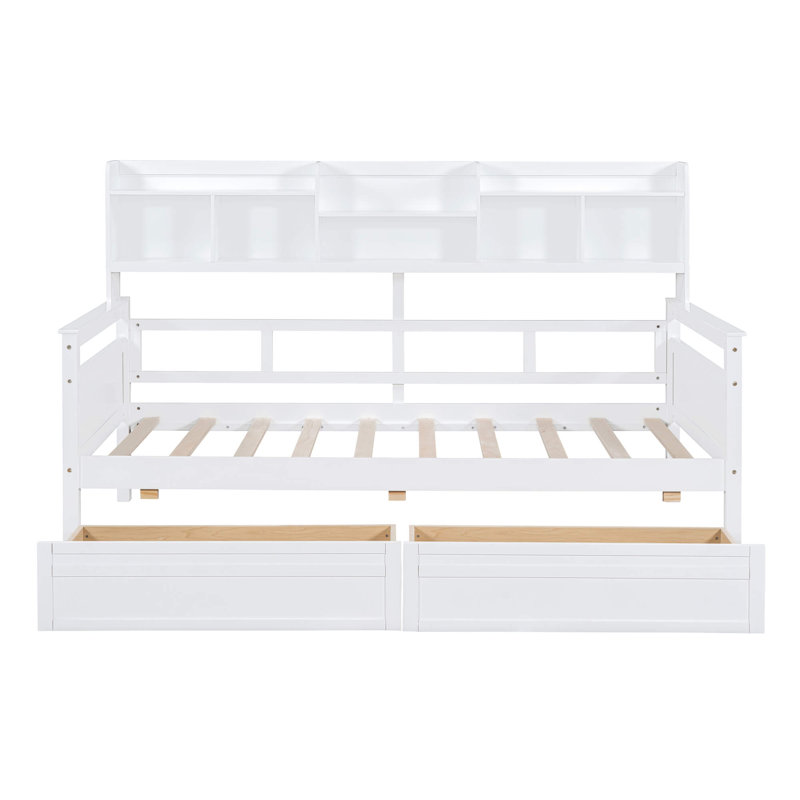 Lit de jour simple avec support en lattes de bois, tablettes de chevet et deux tiroirs, Lit simple, Blanc