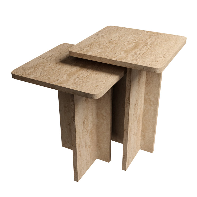 Modern Travertine Effect Square Nest of Tables, Set of 2 Faux Stone Side Tables