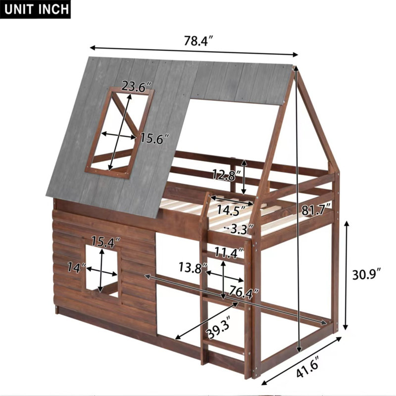Lit superposé simple en bois rustique avec toit, échelle et fenêtres - Structure en pin robuste en chêne