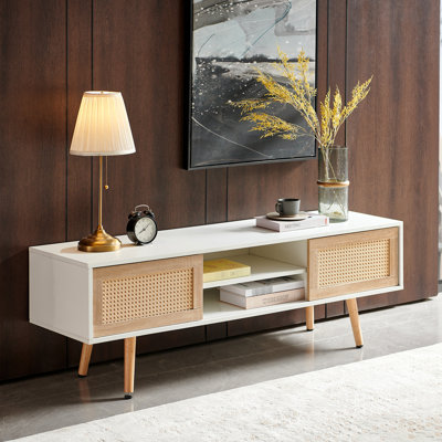 Woven Tv Cabinet, 54.68" Length, Double Sliding Doors, Adjustable Shelf, Solid Wood Legs, For Living Room Style Console, Legs Usual Need