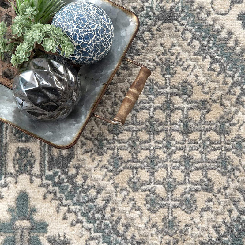 Joslyn Traditional Tiled Performance Gray/Blue Rug, Runner 2'6" x 8'