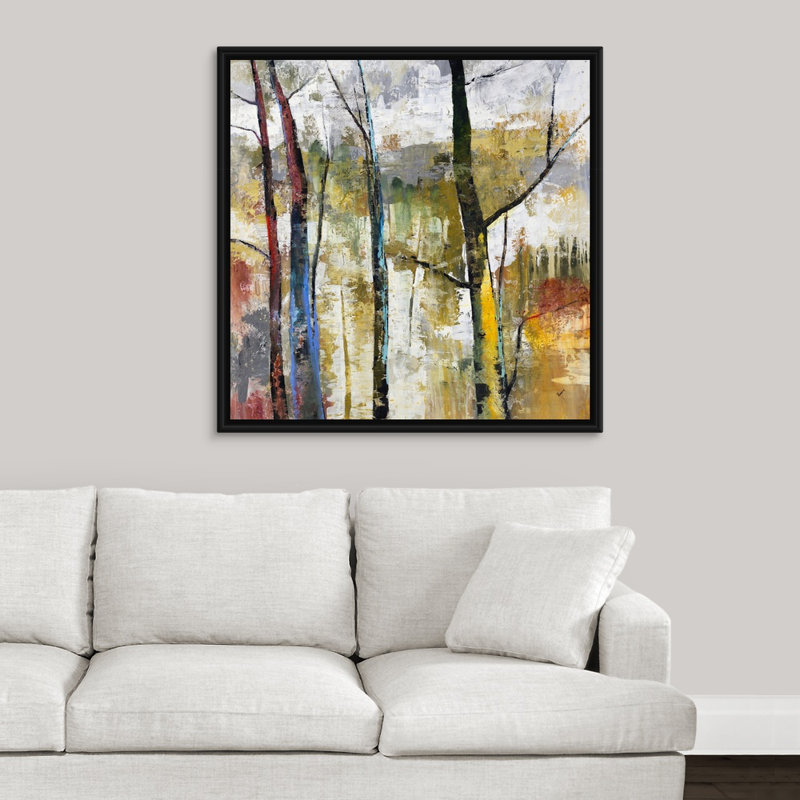 « the landscape-out », peinture sur toile, H 37,7 po x l 37,7 po x p 1,75 po, Cadre flottant noir