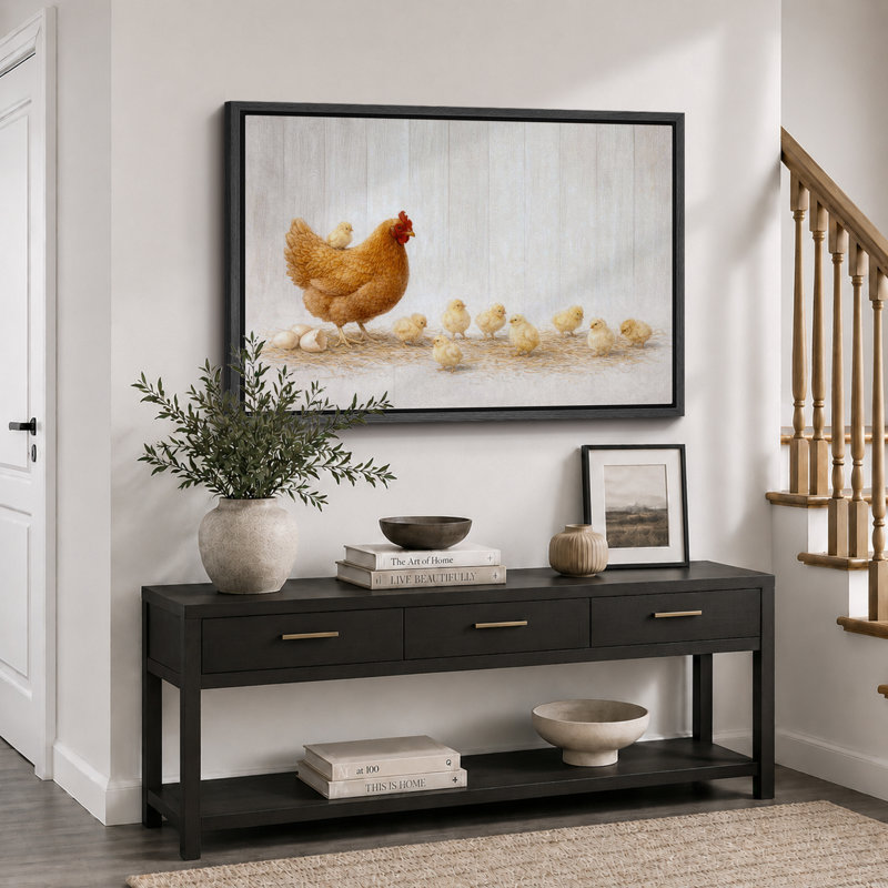 «Hen and Chicks Farmhouse Animal», cuisine, impression sur toile encadrée, H 24 po x l 36 po x P 1,5 po, Cadre noir