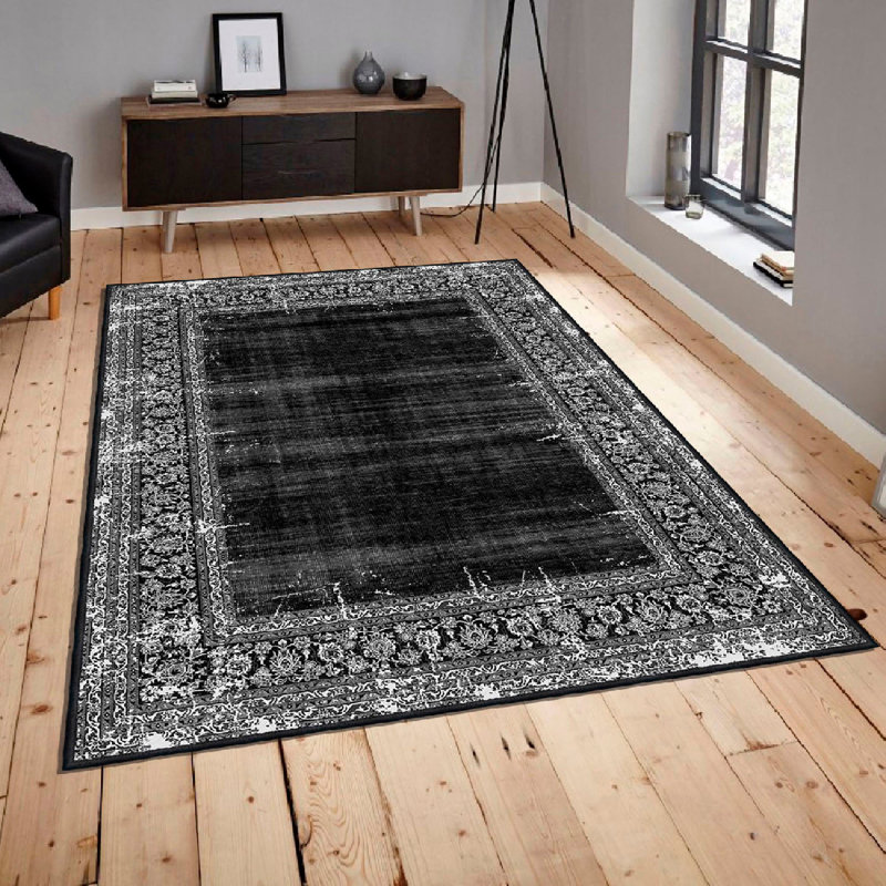 Wencil Premium Cotton Area Rug, 3.3 x 4.9 Feet | 100% Cotton, 1200 g/m² | Pile Height: 0.4 in, Total Thickness: 0.3 in | Antibacterial, Non-Slip PVC Underside, Machine Washable | Elegant White, Grey & Black Design for Modern Living Spaces