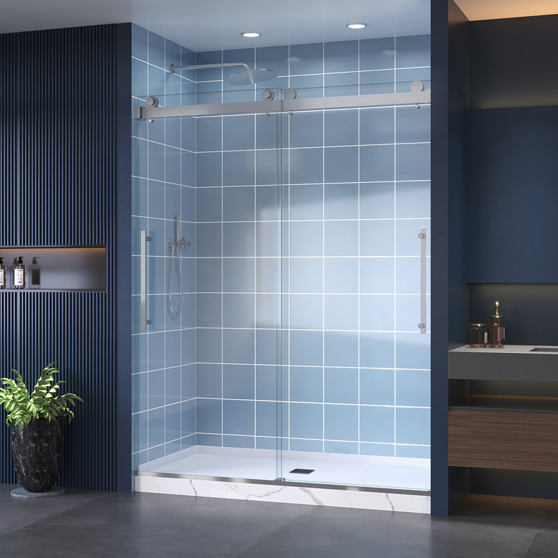 56-60 In. W X 74 In. H Double Sliding Frameless Anti-Collision System Shower Door With 1/4 In. Clear Glass, Brushed Nickel