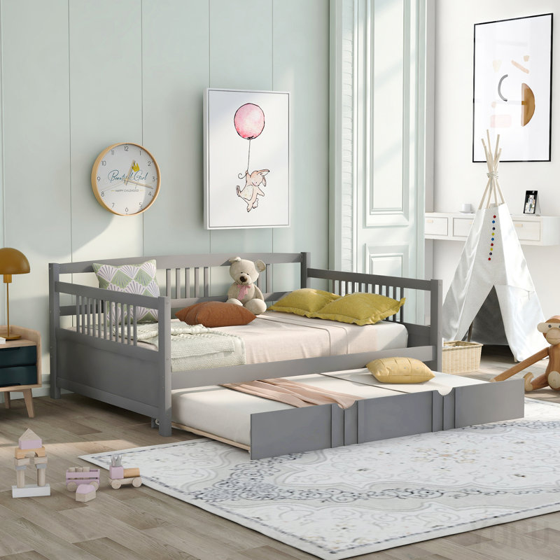 Lit de jour double en bois avec lit gigogne simple, gris