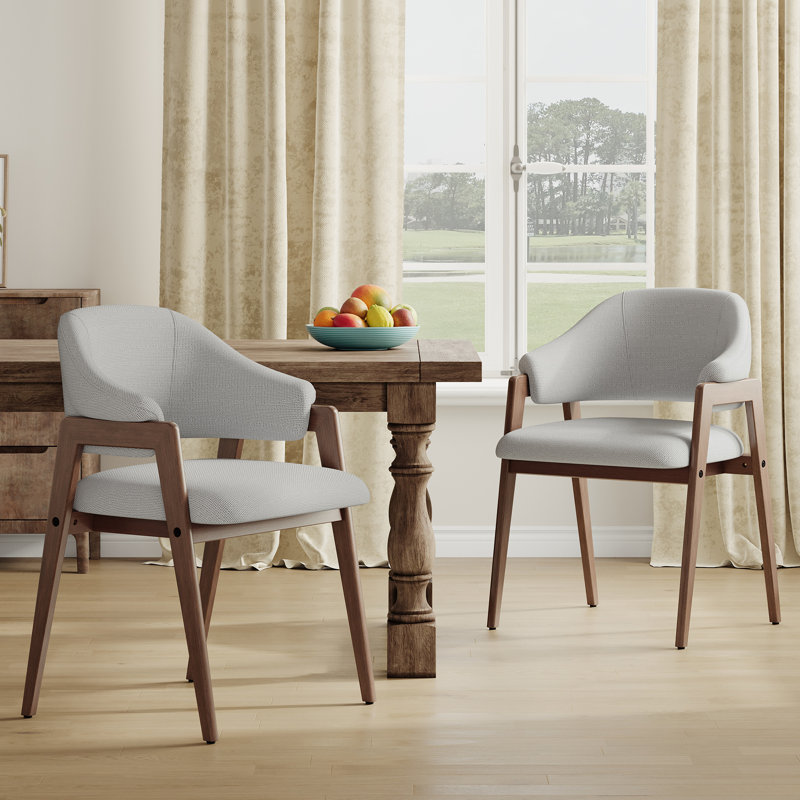 Modern Minimalist Upholstered Linen Dining Armchair with Solid Wood Legs, Gray