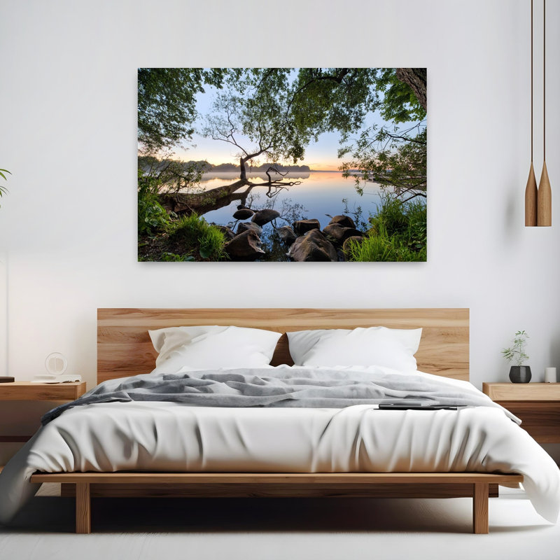 Art contemporain, paysage paisible côtier serein et tranquille, H 40 po x l 60 po
