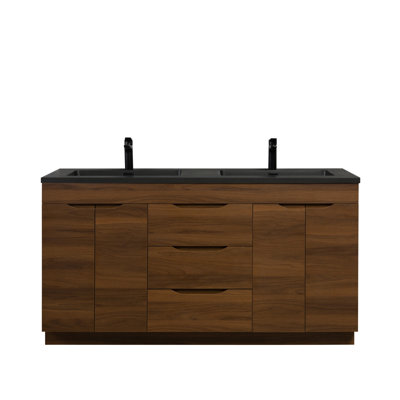 Meuble-lavabo autoportant en noyer de 60 po avec comptoir en quartz noir Damico