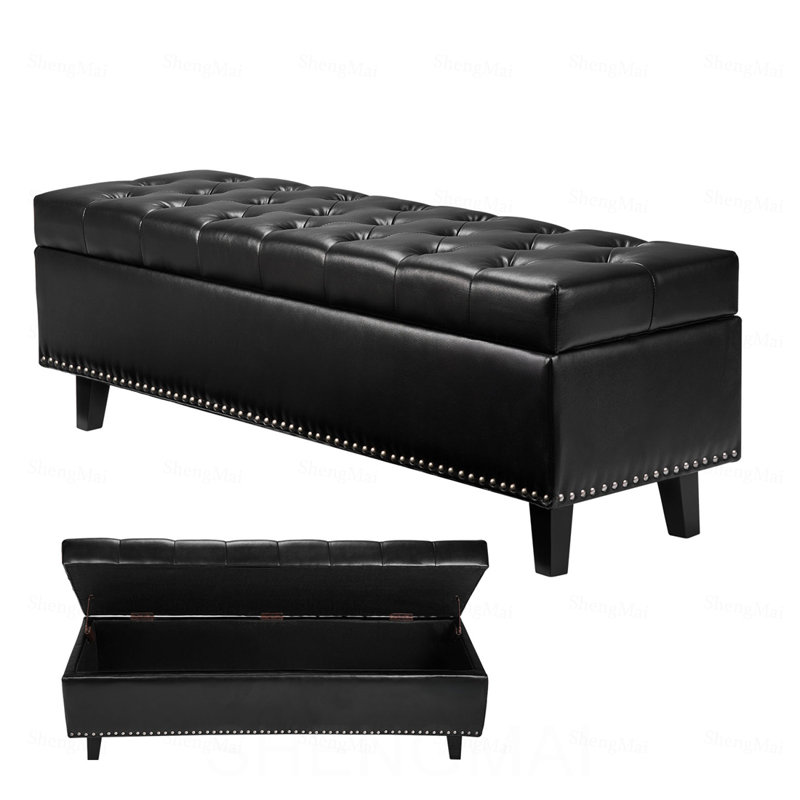 Banc en cuir de polyuréthane capitonné à boutons avec pieds en bois et rangement noir