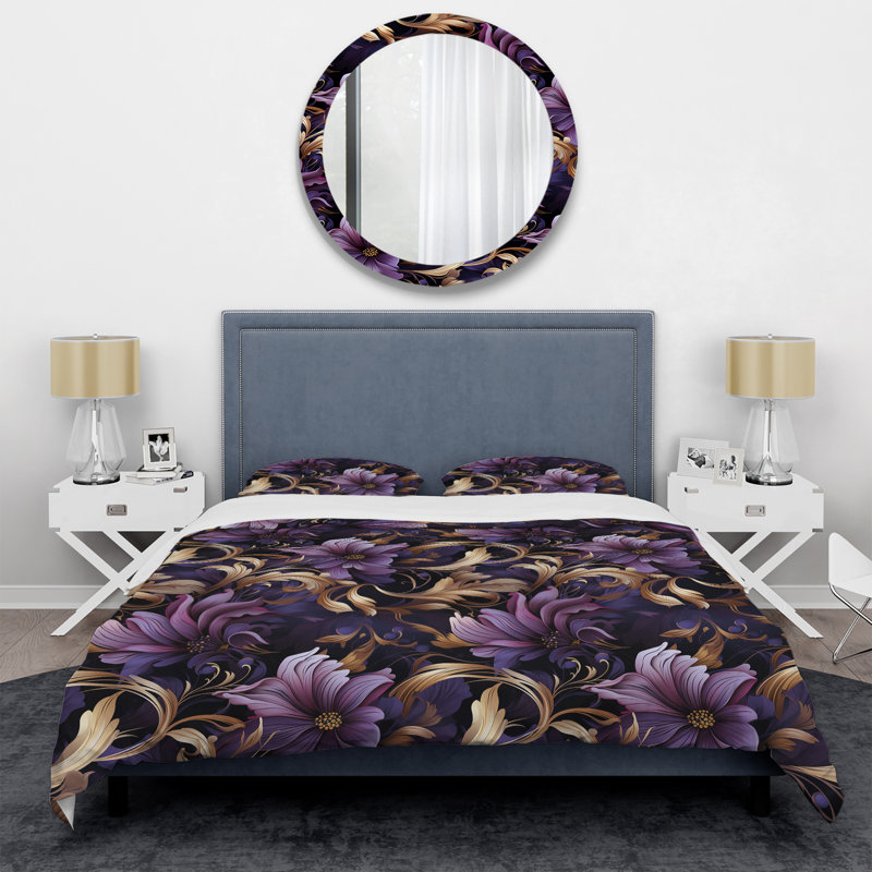 Ensemble de housse de couette glamour à motif damassé doré et mauve II, Housse de couette pour grand lit et 2 taies décor