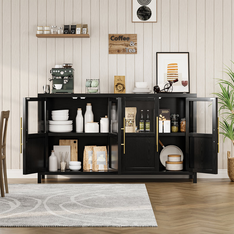 Buffet de 55 po avec 4 portes en verre, table de buffet et rangement pour la cuisine, la salle à manger, le salon ou le bar