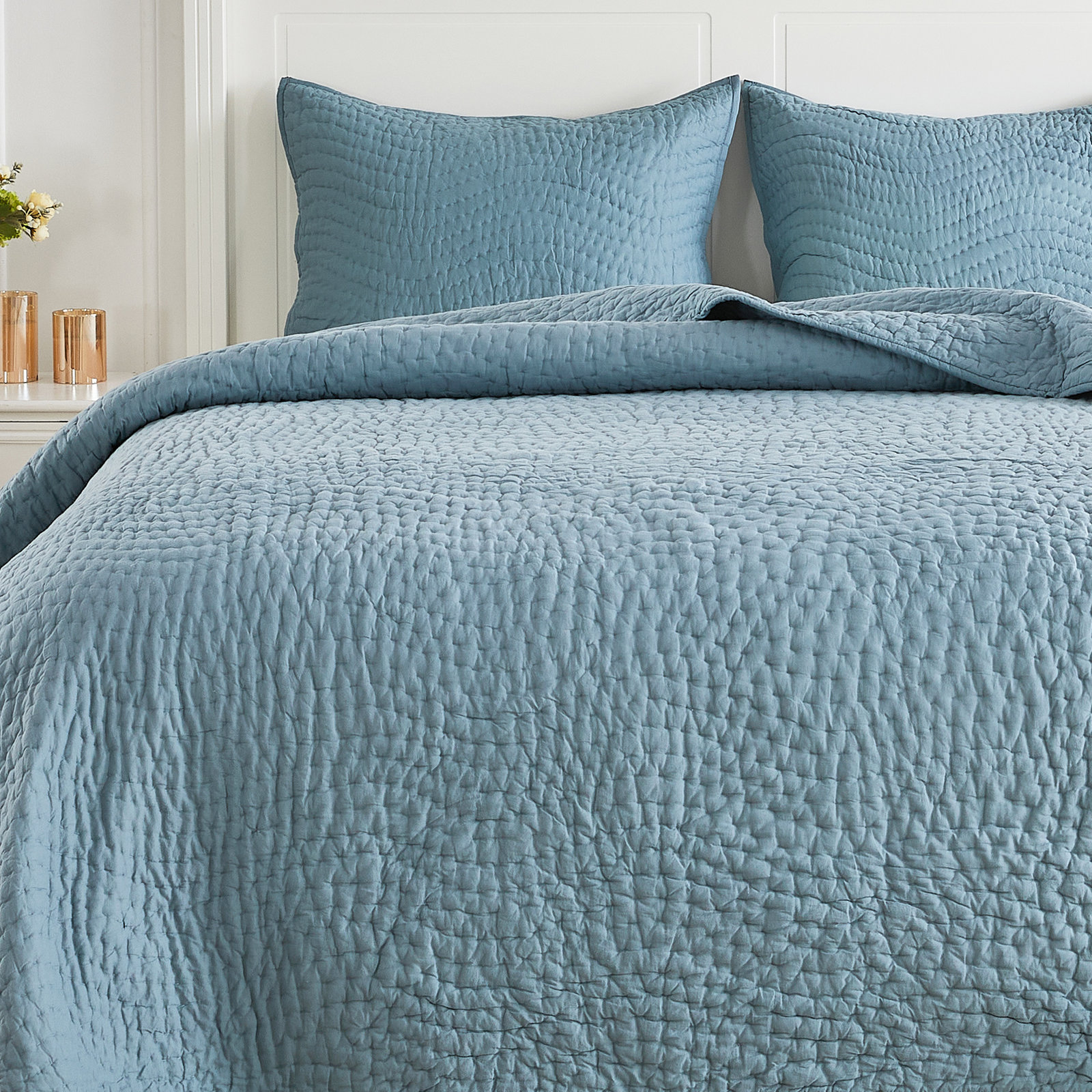Voile Cotton Quilt Set, King Quilt + 2 King Shams, Blue