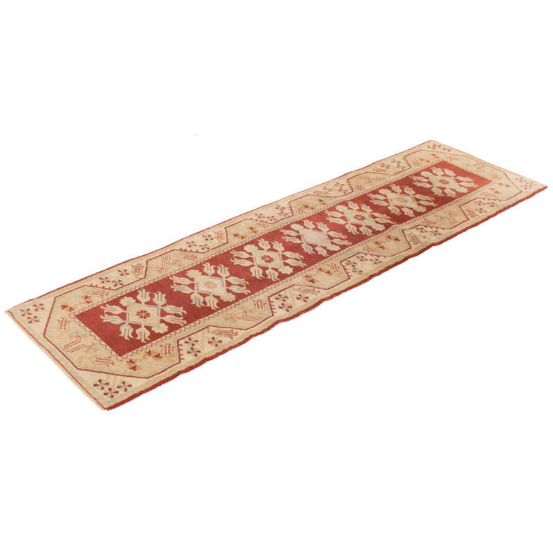 Tapis de zone en laine rouge foncé/ivoire 2 pi 9 po x 9 pi à main one-of-kind noué la melis Danuel