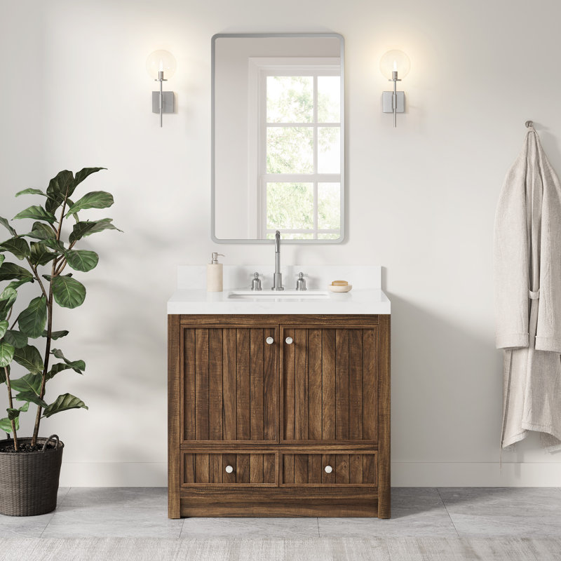 Meuble-lavabo de salle de bain Aula avec comptoir en quartz blanc Thassos de 2 po, Brun noyer classique, 36"