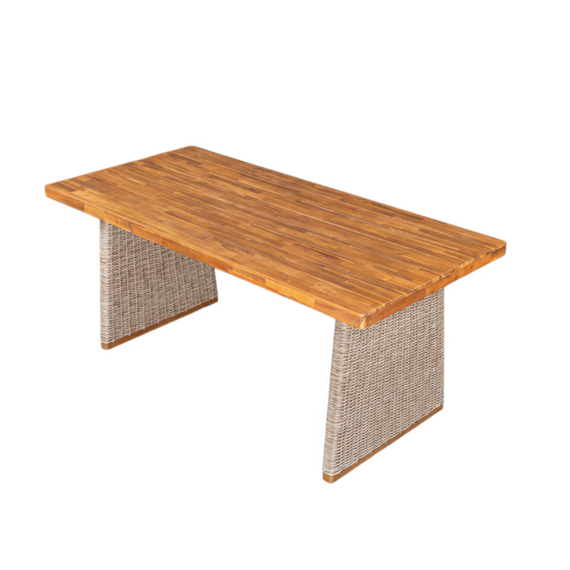 Table de salle à manger d'extérieur en bois d'acacia, finition teck + osier brun