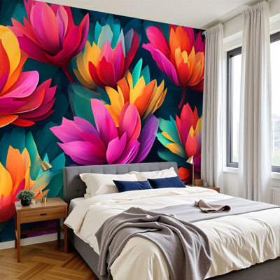 Peel and Stick Wallpaper 144" W x 100" H Modern Self Adhesive Wall Mural for Bedroom Vibrant Oil Painting Blooming Flowers Generative Art