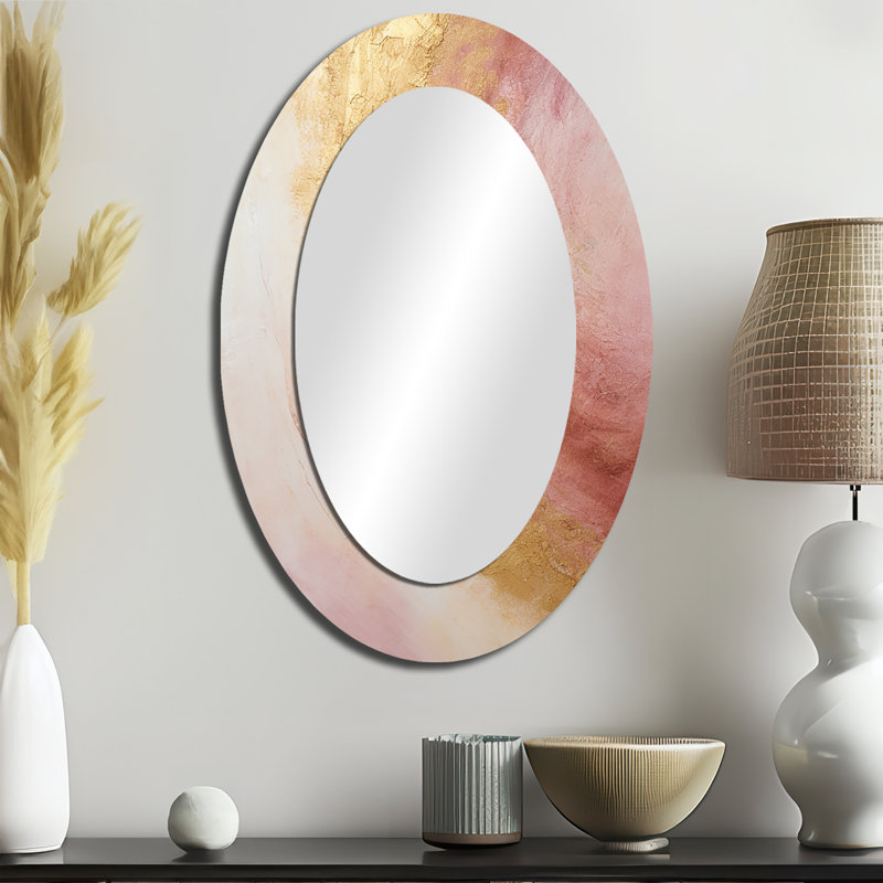 Gold Pink Desert Mirage Spiral I - Abstract Oval Decorative Mirror On Metal, 36" x 24"