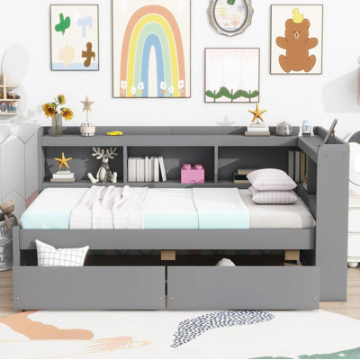 Twin Size L-Shaped Study Bed with Built-in Power Outlets & USB Ports - Features 2 Storage Drawers, Modern Grey Design by Latitude Run
