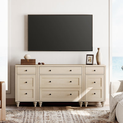 Meuble télé Scarlett pour téléviseur de 75 pouces, commode à 5 tiroirs et 2 portes, tables de chevet avec station de charge pour le salon, console en bois pour téléviseur de 70 à 80 et 80 pouces